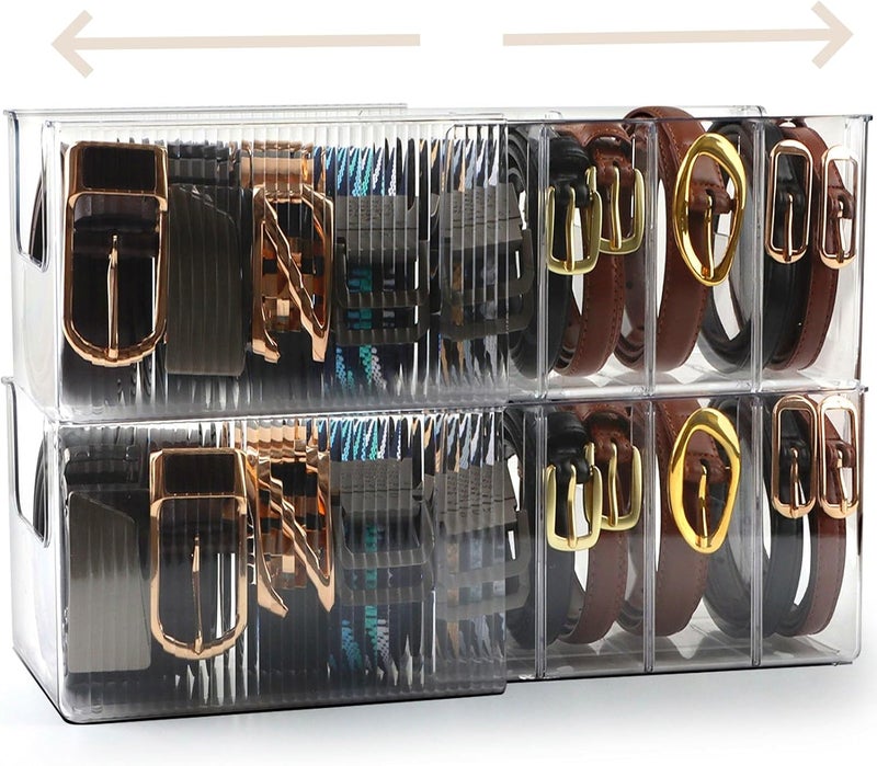 AUOIKK Clear Belt Organizer Extendable, 2 Pack Acrylic Belt Storage Holder with Adjustable Dividers, Belts Storage Container for Drawer and Closet Organization - Image 1